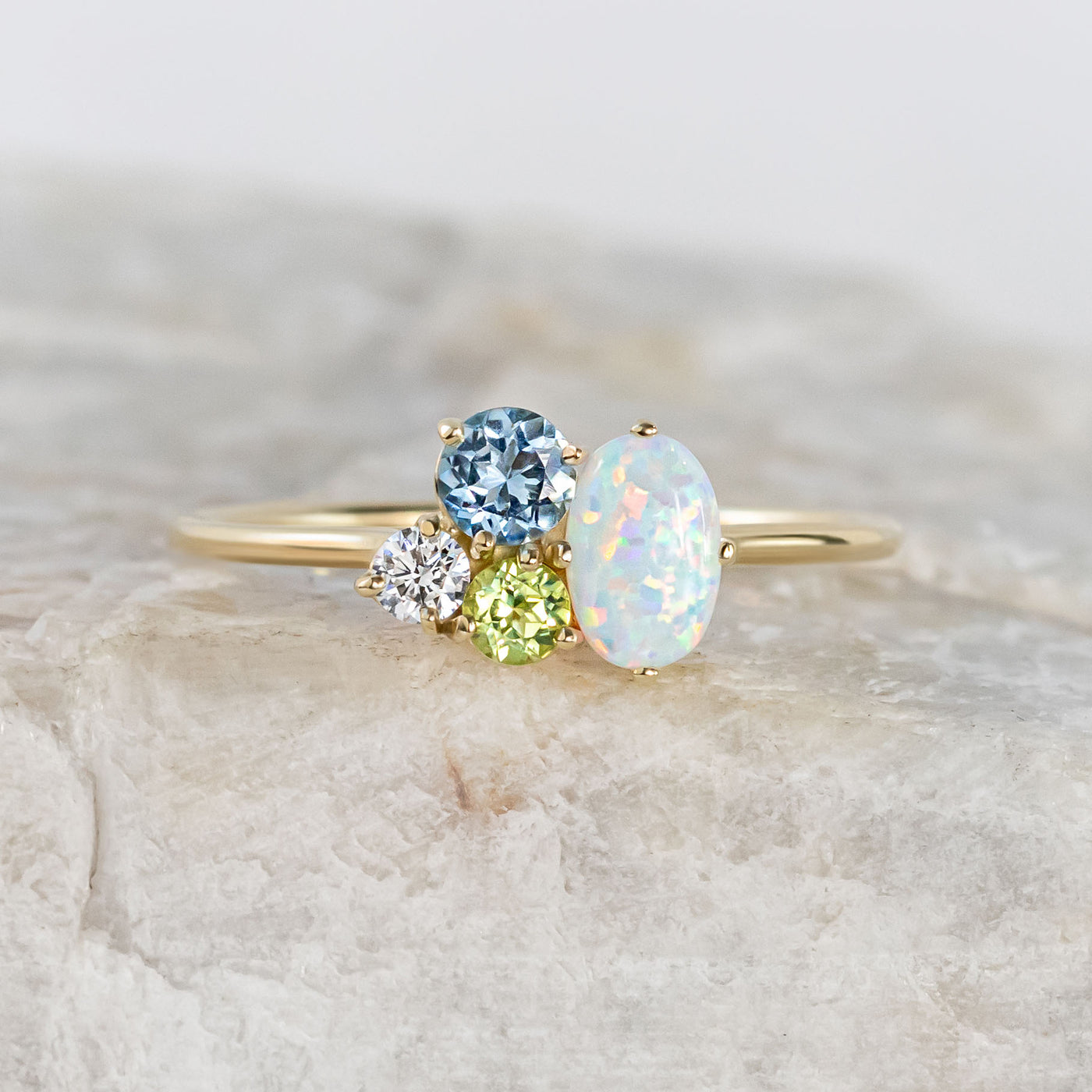 Portia Cluster Ring with Opal, Peridot, Aquamarine, and Diamond