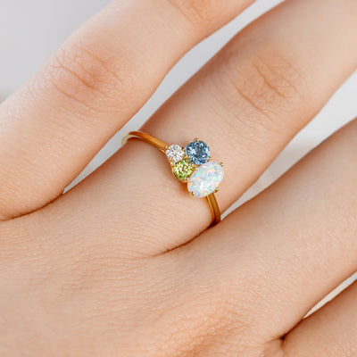 Portia Cluster Ring with Opal, Peridot, Aquamarine, and Diamond