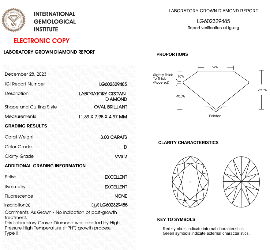 OVAL - 3.00ct D VVS2 HPHT - IGI 560849