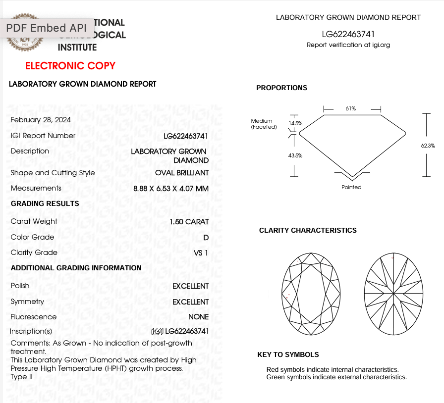 OVAL - 1.50ct D VS1 HPHT - IGI 582169