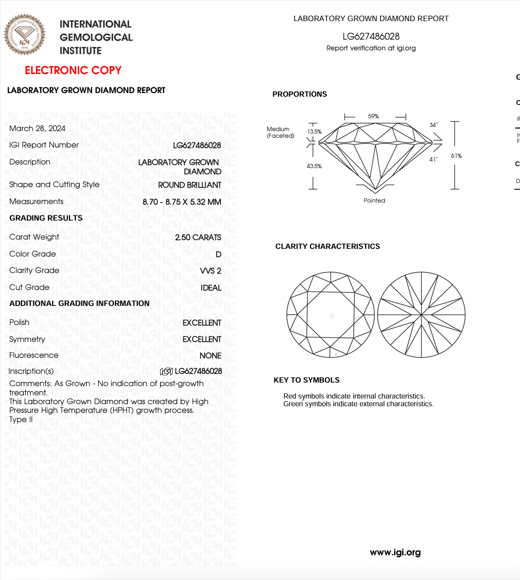 ROUND - 2.50ct D VVS2 HPHT - IGI 581011