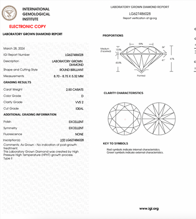 ROUND - 2.50ct D VVS2 HPHT - IGI 581011