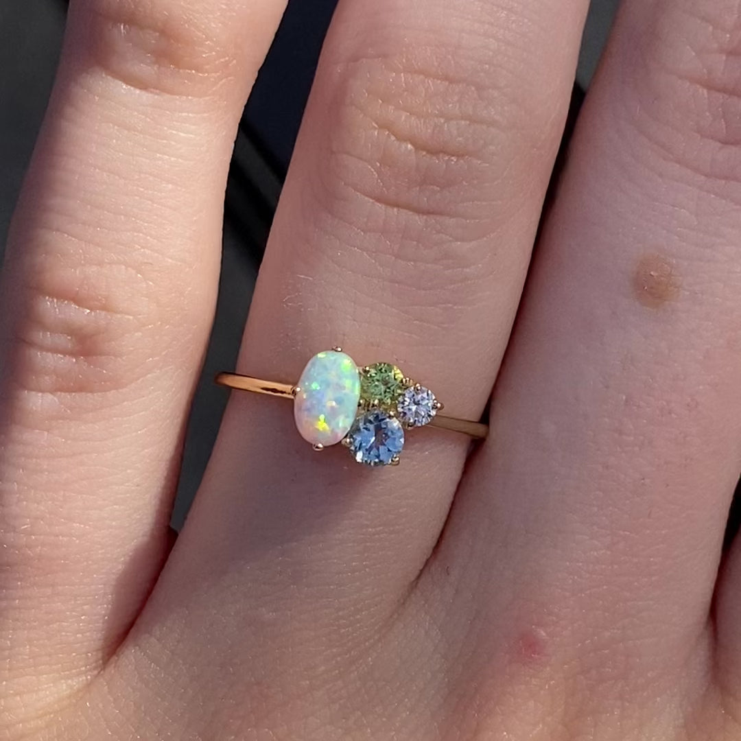 Portia Cluster Ring with Opal, Peridot, Aquamarine, and Diamond